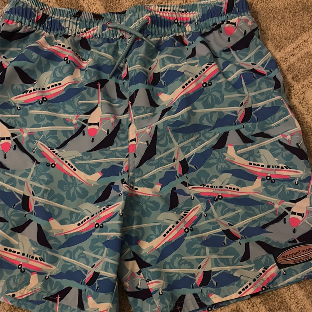 Airplane Print Swim Trunks - Blue & Pink